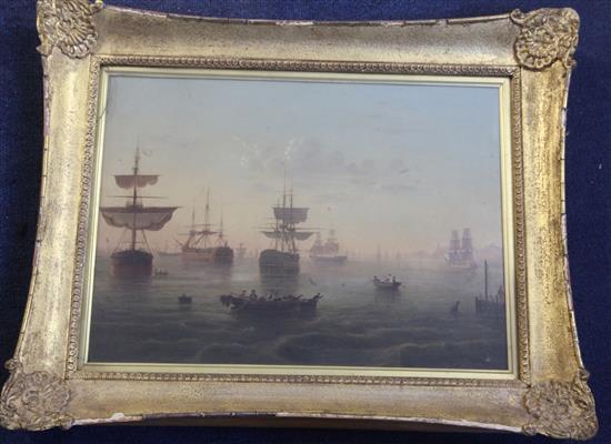 Frederick Calvert (c.1785-1844) Fishing boats and other shipping off the coast and Fleet at anchor in a calm sea 11 x 15.5in.